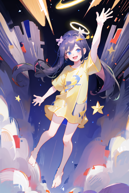 masterpiece, best quality, aubreyheadspace, 1girl, shirt, short sleeves, hair bow, smile, (detailed background:1.2), (high quality cg:1.2), (cinematic), space, stars, barefoot, levitation, halo <lora:aubreyheadspacev6:1>