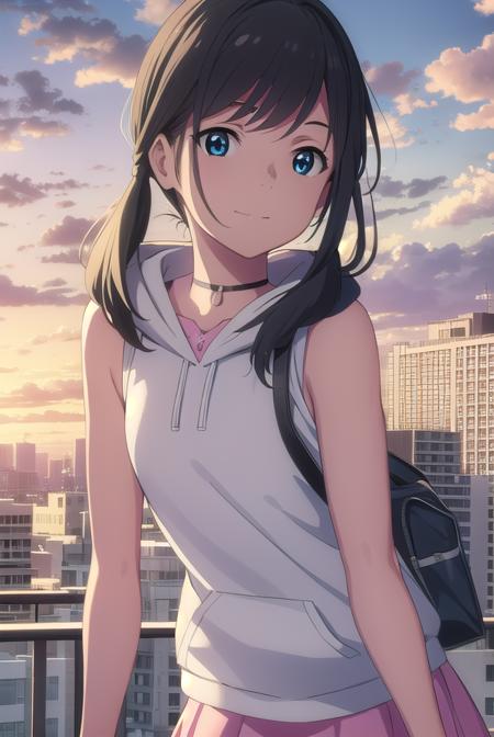 hinaamano, <lora:hina amano movie-lora-nochekaiser:1>,
hina amano, black hair, twintails, blue eyes, smile,
BREAK skirt, jacket, sleeveless, choker, hood, bag, hoodie, white jacket, backpack, hood down, hooded jacket, pink skirt, sleeveless jacket, sleeveless hoodie,
BREAK outdoors, sky, day, cloud, sunlight, cloudy sky, wind, light rays,
BREAK looking at viewer, (cowboy shot:1.5),
BREAK <lyco:GoodHands-beta2:1>, (masterpiece:1.2), best quality, high resolution, unity 8k wallpaper, (illustration:0.8), (beautiful detailed eyes:1.6), extremely detailed face, perfect lighting, extremely detailed CG, (perfect hands, perfect anatomy),