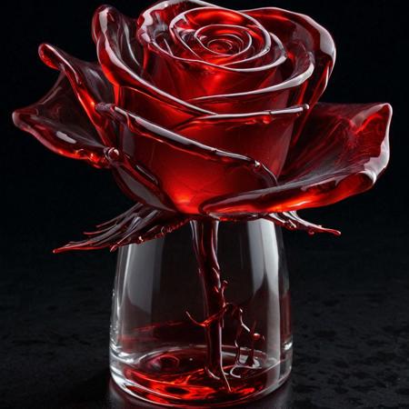Ultra close-up of a single red rose with translucent, glowing petals, inspired by the "Blood for the Blood God" theme. The rose is partially shown emerging from a clear glass vase filled with blood-like liquid, with tiny ripples visible. The thorns along the stem pierce through the surface, with droplets of blood oozing delicately from them. Background is intensely dramatic and shadowy, with moody, cinematic lighting creating deep contrast and soft red highlights. The rose is bathed in focused light, enhancing the texture of the petals and blood. Hyper-realistic, dark fantasy atmosphere, 8k resolution, Blood for the Blood God, blood, translucent, transparent
