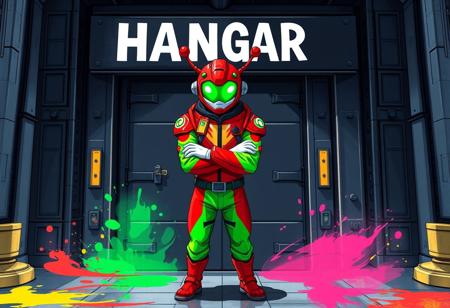 A dynamic, high-energy concept art illustration in a unique Splash Ink Illustration style, featuring a person at the heart of the image. They stand with arms confidently crossed before an imposing black door, emblazoned with the white text "HANGAR". Their vibrant costume, a stunning blend of electric green and fiery red, appears to burst with energy. A whimsical red helmet with bright green eyes and playful antennae adds a fantastical touch. Crisp white gloves provide a sharp contrast. The entire scene pulsates with a festive, celebratory mood. This is an Isometric, 4K, Exceptional Quality piece, showcasing stunning colors and harmonious, multi-colored palettes with contemporary aesthetics. Sharp Lines and Brush Strokes define the figure, set against an attractive, subtly stylized background. Impeccable Composition and a Creative Angle draw the viewer in, with balanced editing and intentional focus on the subject. A Powerful Message conveyed through Vivid Emotions and Joyful Impact, with Beautiful Detailed Eyes. CGSociety and Artstation Trending, embodying the Grammer Effect Style.