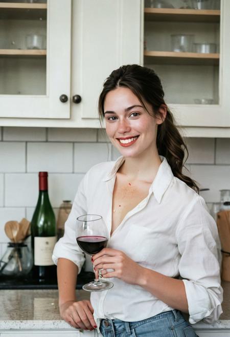 Film photograph taken in a nice suburban kitchen. Liv sits at the counter with a carafe of red line  and a stemless wine glass.
LIV wears a white blouse, partially unbuttoned. Kitchen is all white tile and stained wood. 
LIV is an Adorable 45 year old woman. long brown hair parted sharply in the center, up in a messy ponytail, flowing down past shoulders. Italian heritage, resembling TYLER, LIV. smooth pale skin with makeup. thin trimmed Penciled eyebrows. thin lips, slight underbite and big chin and chubby cheeks, high cheekbones, rectangular shaped face, thicker neck, wide jaw. Dark cateye eyeliner and a few light freckles. 5 foot 3 inches tall and 200 pounds, thicker neck, full breasts with cleavage, high cheekbones, wide round nose. dark brownish Green eyes, bright smile showing gums. Thigh gap. Soft tummy