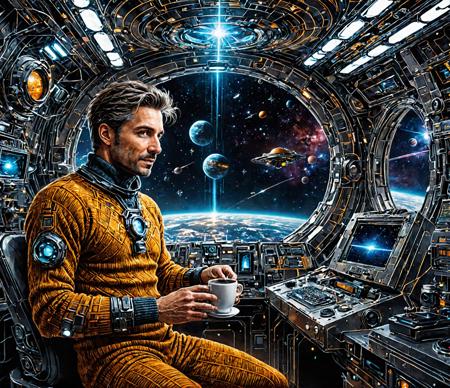 The great space detective from the future, stands on the bridge of a spaceship with a cyberpunk cup of coffee in hand, ponders over the solution of another riddle, his wise piercing gaze expresses many years of experience, determination and a strong character, his easy smile and slightly narrowed eyes show curiosity and disposition towards the clients. But behind the positivity, you can feel toughness, and a will to live, and knowledge of life (he has seen a lot). The detective is a middle-aged man with black disheveled hair, dressed in a thick cozy chunky knit turtleneck sweater of warm colors with a complex fractal pattern and an embedded microprocessor system, showing the work of future technologies. Sharp focus. The composition places the detective off-center, allowing the viewer's eye to travel from his face to surrounding objects. The setting is a space station of the future with artificial gravity, holographic terminals, portholes through which cosmic landscapes are visible and many mysterious details, evokes thoughts about the realized dreams of the greatest science fiction writers of the 20th century. Soft, matte contours and surfaces of objects  create an impression of reliability and comfort. The picture looks like the best illustration for a fantastic detective story from the future, breathtaking, ultra detailed, intricate detail, gorgeous, <lora:SDXLFaeTastic2400:0.9>