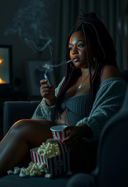 full body| gorgeous chubby tan skinned woman with dreadlocks sitting on the couch watching a scary movie in a dark living room lit only by the flickering television. She is surrounded by smoke from the marijuana cigarette in her hand. She has an open bag of popcorn on her lap. insanely detailed| intricate detail| ornate| cinematic lighting| ultra realistic 8k