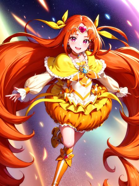 masterpiece, best quality, looking_at_viewer, depth_of_field, full body,
1girl, <lora:locon_cure_muse_01_release:0.9>, cure muse, orange hair, hair ribbon, yellow choker, jewelry, brooch, capelet, tiara, boots,
smile, standing, gradient background,