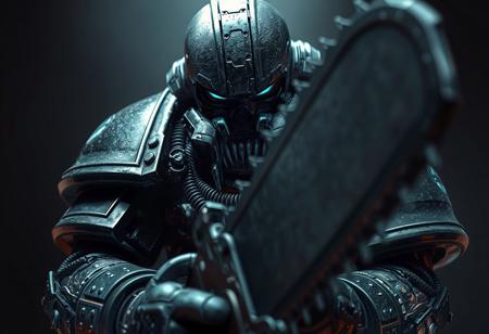 Create a 4K, Ultra-realistic, high-definition digital artwork portraying an Adeptus Astartes (Space Marine) holding a chainsaw, with venom fangs and a black and blue color scheme. The image should have a mix of micro and lifelike details, but with a slightly blurred effect to convey intensity. Incorporate the styles of Diego Koi and Arkane Lyon, and make it suitable for a movie poster or concept art. Use a fisheye perspective and emphasize the face details, similar to the works of Greg Rutkowski and Brian Sum.