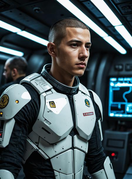 handsome,male,Lebanese,Mexican,buzz cut,27 years old,indoors,desolate spaceship,science fiction,realistic photograph,dynamic pose,cinematic_lighting,night,