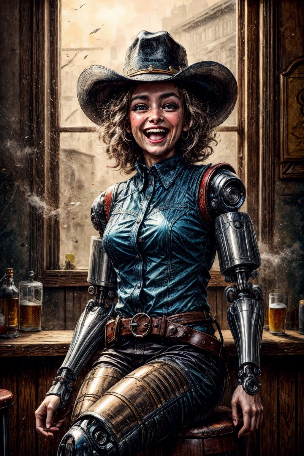 (RAW photo, 8k uhd, Analog style, Masterpiece, Best Quality, Highres:1.3), (dramatic, cinematic:1.2), BREAK,
movie shot of (steampunk:1.1) (cybernetic:1.3) perky (latina:1.2) girl, (robot, android:1.3), cute cowgirl, (leather cowboy (vest:1.03):1.1), (pants:1.1), (black (shirt:1.03):1.1), (belt, holster:1.2), (cowboy (hat:1.05):1.2), boots, scarf, curly black hair, brown eyes, (laughing:1.3), happy expression, (from side:1.05), looking at viewer, sweaty, tan, (sitting:1.3) on wooden (stool:1.2) in (wild west saloon:1.2) room, BREAK,
(holding beer:1.26) (mug:1.1), foam, (hand on hip:0.5), detailed wooden crowded wide (tavern interior:1.2), messy, ((window:1.1), entrance, table:1.1), ((bar:1.1) counter:1.1), barrel, (window sunlight:1.1), (light particles:1.1), fog, (overgrown street outside:1.2), (wild west:1.2), science fiction, (Western movie style:1.2), (vintage, retro:1.2), film grain, (intricate:1.4), light theme, (raising hand:1.0), party mood, drinking beer, BREAK,
(Clutter-Home:0.5)
<lora:more_details:1.0>,
<lora:emotion_happy_slider_v1:1.0>,
<lora:zoom_slider_v1:4.2>,