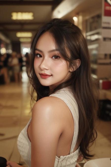 masterpiece, best quality, 1girl, purple eyes, yellow eyes, gradient eyes, black hair, long hair, long eyelash, medium breasts, 
portrait, depth of field, in hall, golden time, tan skin, {smirk|smile|parted lips}, (jawline, strong jawline), Messy hair, red dress,