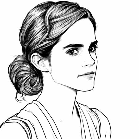 a beautiful drawing of Emma Watson, black and white, black & white,ColoringBookAF,  <lora:ColoringBook:1>