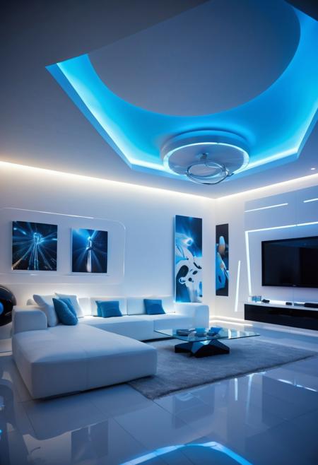 Arafed ceiling with a glass panel and white sofa, futuristic dramatic lighting, futuristic looking living room, futuristic interior, futuristic room, futuristic décor, volumetric interior lighting, dramatic white and blue lighting, stunning volumetric lighting, bright interior lighting, futuristic decoration, dramatic and dynamic lighting, white accent lighting, spectacular ambient lighting, award-winning interior design,  illuminate, (pixar style, (epic:1.2), realistic, trending on artstation, 3d, (high quality:1.2), (masterpiece:1.2), high details), best quality, highres