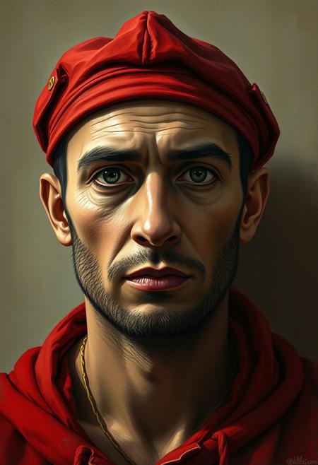 A man in a red cap, staring directly at the viewer with a calm expression, his features finely rendered but the surrounding space subtly abstracted,
Renaissance portrait realism, modern textured illustration, soft yet structured brushwork, delicate chiaroscuro, warm muted color palette, finely detailed facial expressions, subtle atmospheric lighting, simplified yet expressive backgrounds, balance of precision and painterly abstraction, narrative depth, timeless yet contemporary aesthetic, visual storytelling through light and texture