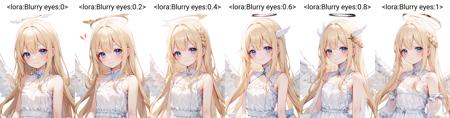 masterpiece,best quality,
(kid, child:1),solo,blonde hair,(blue eyes),angel,long hair,
angel wings, white dress,angle halo,
smile,
white background, simple background,
upper body
 <lora:Blurry eyes:0>