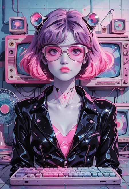 1girl, photograph, digital art, anime style, close-up, portrait, female, woman, pale lavender skin, short bob-cut hair in gradient shades of neon pink to indigo, slick and glossy texture, translucent visor glasses reflecting glitchy UI overlays, wearing a reflective black synth-leather jacket with glowing cyan seams, sharp magenta eyeliner with trailing pixel artifacts, chrome lip gloss, cybernetic ear implant shaped like a musical note, intense violet eyes, eye contact with viewer, soft glow from her neck tattoo resembling a circuit lotus, background is a retro-futuristic synthwave apartment—neon-lit glass walls, glowing keyboard panels, 80s-style CRT monitors stacked beside potted electro-palms, pink and blue light reflections flickering across glossy floor tiles, electric fan blades casting radial shadows, ambient fog, digital haze, RGB interference, cinematic framing, high contrast shadows, soft interior glow, futuristic elegance, dreamlike yet synthetic atmosphere, hyper-stylized, high-detail vapor-synth aesthetic, expressive tone, rich neon color palette, retro nostalgia fused with modern digital surrealism
pinkretroanime, retro art