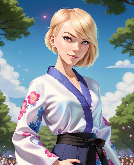 (Gwen Stacy:1.1), ultra-detailed, illustration, high contrast, solo, a woman wearing a traditional Japanese kimono yukata, silk, cute, night, dark, fireworks, festival, under a tree, eyebrow piercing, undercut, asymmetrical hair, depth of field, detailed background, waist up, cowboy shot