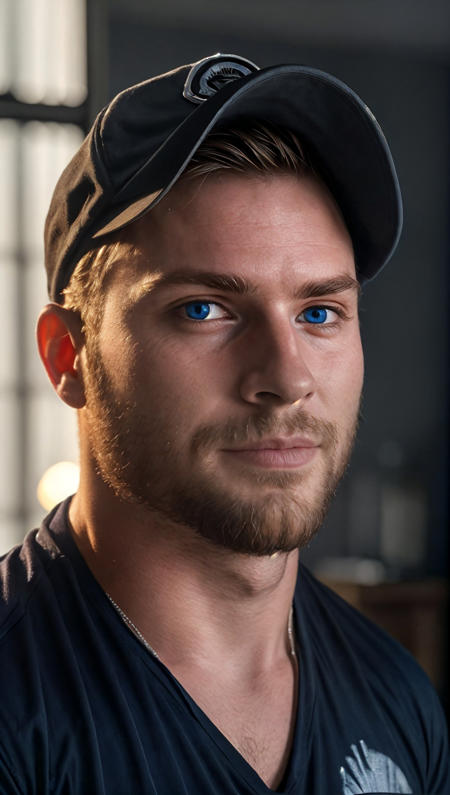 ASCII<lora:Bromance:0.5> Photo of a man, close up portrait, blue eyes, cap hat, beard, dark bedroom, windows, close up portrait, high detail, realistic, high detail, 8k, (Masterpiece, high quality:1.3), masterpiece, depth of field, bokeh, detailed, homoerotic, (homoerotic), highly detailed, sharp focus, intricate, smooth, elegant, fantasy, cinematic lighting, cinematic, masterpiece, matte, photorealistic, 4k, beautiful, volumetric lighting, dramatic,