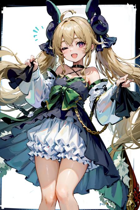 attilio_regolo\(azur_lane\),twintails,long_sleeves, sleeves_past_fingers, bloomers,dress, green_bow, hair ribbon,