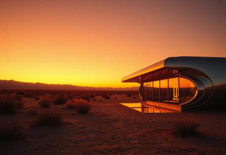 avant-garde, retro futurism , gold and chrome, california desert, sunrise, 1990s, robert T, techno style