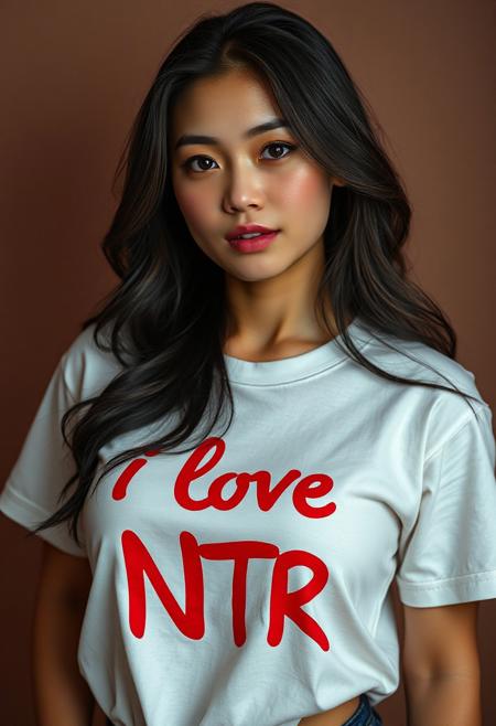 (photorealistic), 1girl, 20 years old asian giant breast curvy , wearing a white t-shirt, red write on the t-shirt "i love NTR"  sexy pose