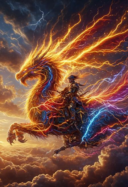 aidmamj6.1, made of golden and blue and red and yellow and purple lightning thunder trails, lthndrtrl, 
Fearless dragon rider soaring through the sky, armored knight clinging to a saddle, dragon's scales glittering, flames snorting from nostrils, clouds rushing past,