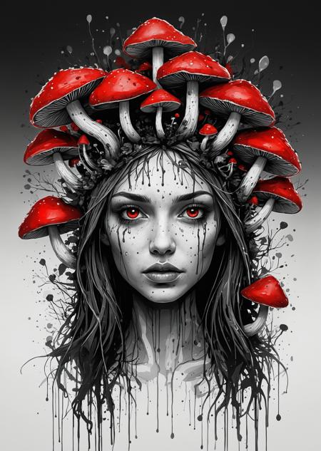 VibrantlySharp style,
animeniji,
3pic_vist4, An eldritch girl crowned in toadstools, her face half-submerged in ink, with clusters of toxic red mushrooms emerging like tumors, each stalk veined and pulsing, her expression solemn, eyes wide and ancient, lost in the fog of a fungal dream, dripping spores blurring the edges of her fading humanity.
  <lora:Mushroom_Portrait_Flux_v1:1> boshroomworld <lora:SketchStyle:1> Jedsk5tch, sketch, black and white  <lora:DarkAnimeArt_V1:1> dark line art