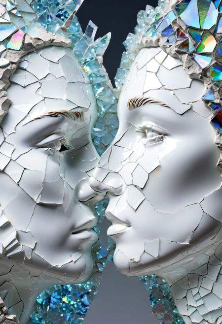 Two cracked white porcelain faces, 
Broken Glass effect, 
no background, 
stunning, 
something that even doesn't exist, 
mythical being, 
energy, 
molecular, 
textures, 
iridescent and luminescent scales, 
breathtaking beauty, 
pure perfection, 
divine presence, 
unforgettable, 
impressive, 
breathtaking beauty, 
Volumetric light, 
auras, 
rays, 
vivid colors reflects