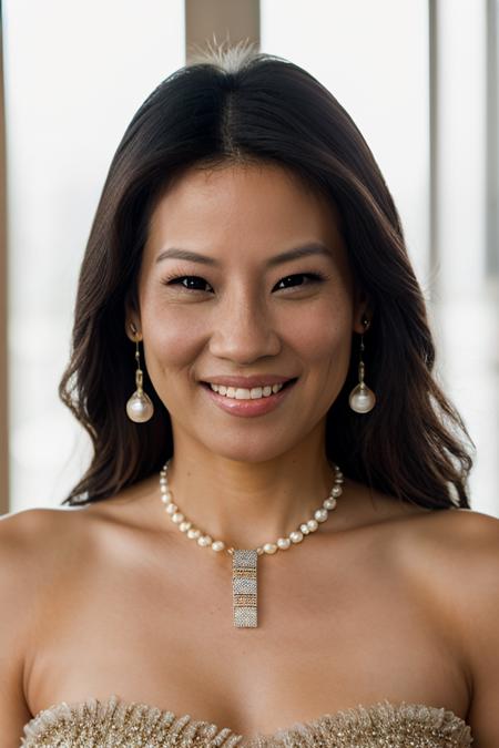 Realistic photo of a beautiful lucyl1u woman, 1girl, solo, long hair, looking at viewer, smile, black hair, jewelry, upper body, earrings, teeth, necklace, mole, grin, black eyes, lips, realistic, pearl necklace, soft lighting, professional Photography, Photorealistic, detailed, RAW, analog, sharp focus, 8k, HD, DSLR, high quality, Fujifilm XT3, film grain, award winning, masterpiece<lora:lucyl1u:1.0>
