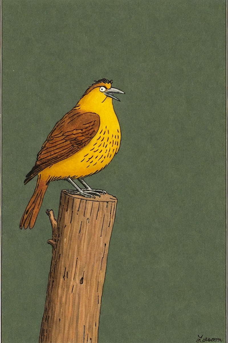 a color far side comic strip illustration of  a Yellowhammer by Gary Larson, <lora:Gary_Larson_Style_XL_Color_Far_side-000...