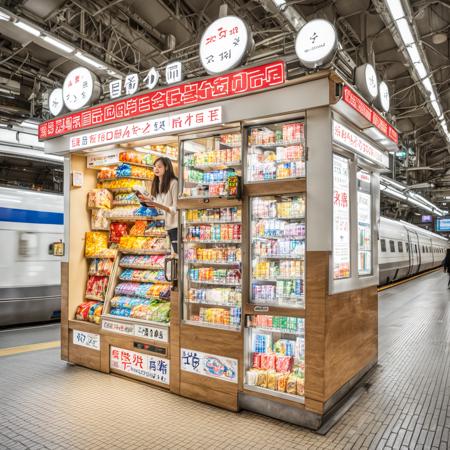 STOKYO, STSDS, shop, convenience store, train station, scenery, multiple boys, real world location, bag, storefront, backpack, 1boy, outdoors, city, sign, building,