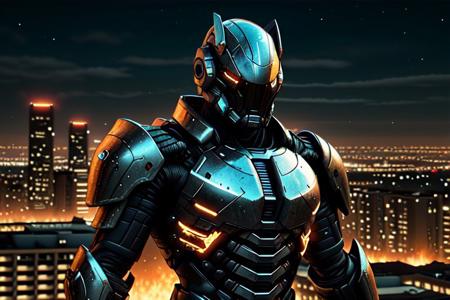 solo,  1boy,  male focus,  sky,  armor,  night,  helmet,  fire,  science fiction,  city,