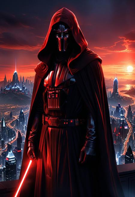 score_9, score_8_up, score_7_up, score_6_up, score_5_up, score_4_up, (absurdres, best quality, masterpiece:1.4), illustration, photorealistic, cinematic lighting, dynamic angle, perfect composition, dark robes, hooded silhouette, distant city lights, towering buildings, Coruscant, futuristic cityscape, night, red glow, evil aura, Sith Lord