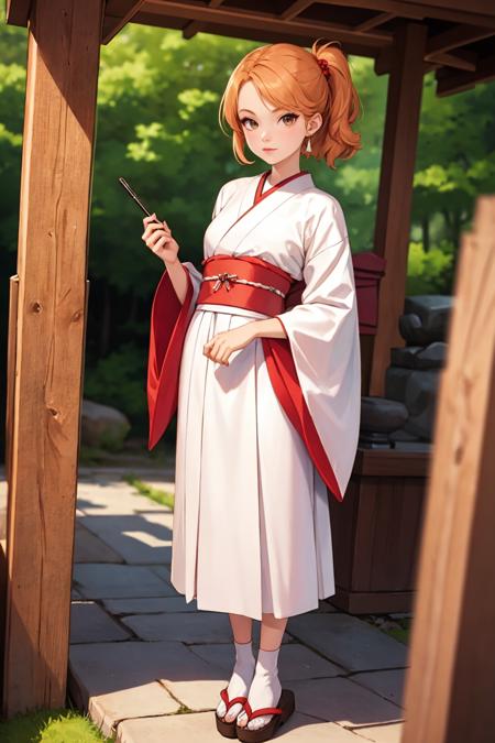 beautiful woman, makeup, eyeliner,  serious, standing, [strawberry blonde] hair,  best quality, high detail, blurry foreground, front, best quality, high quality, high detail, highres, 4k, <lora:mdollbot:0.7> Shrine Maiden, miko, shinto,(bright white) haori, long red hakama skirt, long obi:1.2, white tabi, tube bangs, sandals, japanese shrine, traditional, soft colors, high detail, 8k resolution,