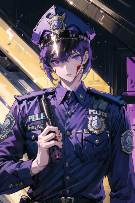 The_Man_Behind_The_Slaughter purple outfit police officer hat british, upper body, holding flashlight