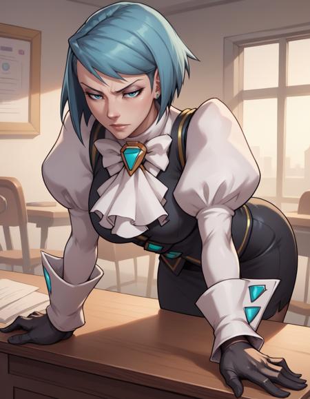 fvonkarmadg, short hair, blue hair, blue eyes, miniskirt, puffy sleeves, pencil skirt, gloves,ascot, black vest,