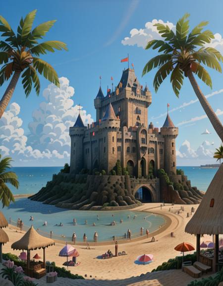 <lora:Medieval_Worlds_Speciasdb:1> T12, anime, anime style, castle, city, crowd, beach, sea, palm tree,