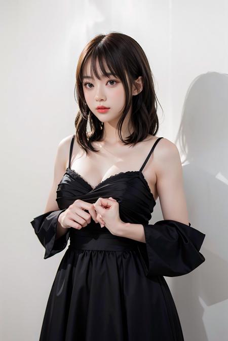 1girl, hair with bangs, black formal long dress, white background, <lora:Fangko_ok-02:1>