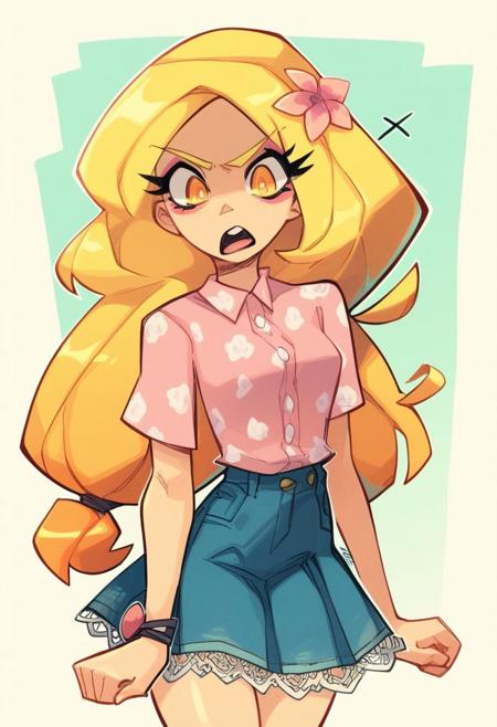 Gerph_style,
, score_9,score_8_up,score_7_up, anime_style, source_anime,
young woman, perfect small breasts, slim butt , tucked in blouse, pink flower pattern blouse, long straight blonde hair, toned body, amber eyes, long hair, midi skirt, cute, wholesome, cottagecore, denim pleated skirt, white lace petticoat, white underskirt, tucked pink shirt, low-tied long hair, makeup, thick eyeliner, annoyed, mouth open, talking, front facing