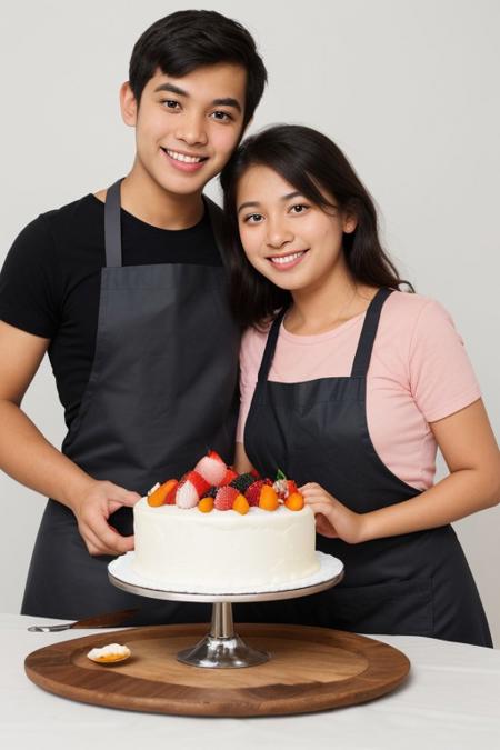 Cheerful young woman and man  presenting a delicious cake. "Isolated on white background", "wide shot", apron, sri lankan, uncropped, looking at the cake, holding a cake