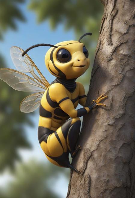 (human-wasp-anthropomorph), sitting in a tree, looking down, cute, friendly, happy, joyful, photorealistic, from below