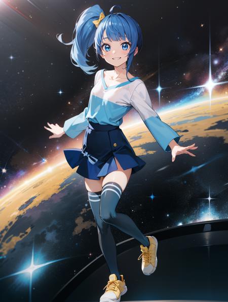 realistic, best quality, photorealistic, masterpiece, 8k, absurdres, extremely detailed face, depth of field, 1girl, grin, t-pose, in the air, (universe), space, stars, full body,  <lora:SoraHarewataru_v01:0.7:MIDD>soraharewataru, ahoge, blue_eyes, blue_hair, blue_shirt, blue_skirt, blue_thighhighs, blunt_bangs, collarbone, hair_bow, yellow_bow, long_sleeves, medium_hair, side_ponytail, small_breasts, sneakers_, striped_shirt, zettai_ryouiki,