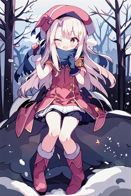 1girl,solo,illyasviel von einzbern,snowing,forests,trees,snow,happy,breathing steam,laugh,hat,scarf,glove,full body,
<lora:MushroomStyle_variant1:1>