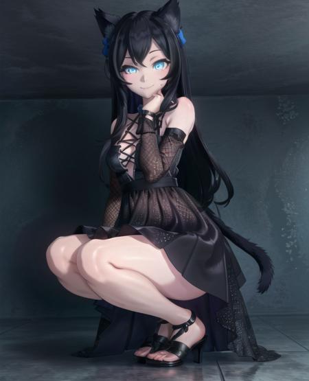 1girl, oathmeal, cat ears, cat tail, blue eyes, black tail, black dress,