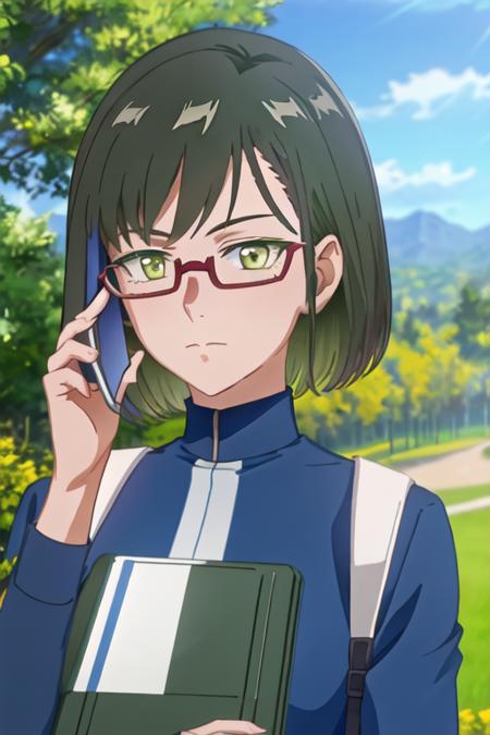 best quality, masterpiece, highres, solo, {shinjo_amane_birdiewinggolfgirlsstory:1.15}, glasses, short_hair, semi-rimless_eyewear, green_hair, green_eyes, under-rim_eyewear, red-framed_eyewear, 1girl, closed_mouth, looking_at_viewer, bangs