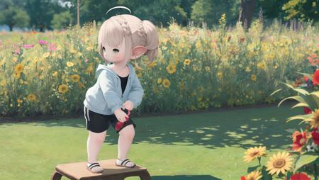 (masterpiece:1.2), (best quality:1.2),
<lora:new_lalav5-15:1>,lalafell, 1girl, girl,
 Zip-up hoodie and jogger shorts,Beehive updo,Sandy hair, green eyes,Flower field,from side,Standing on a balance board,Shy