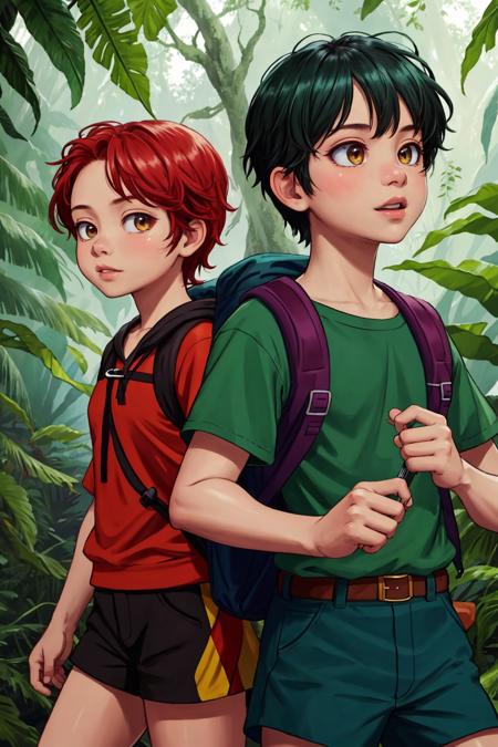 from front 2girls 2boys child adventurer clothes backpacks with parents hiking up a jungle mountain trail, (masterpiece:1.2) (photorealistic:1.2) (bokeh) (best quality) (detailed skin:1.3) (intricate details) (8k) (HDR) (cinematic lighting) (sharp focus)