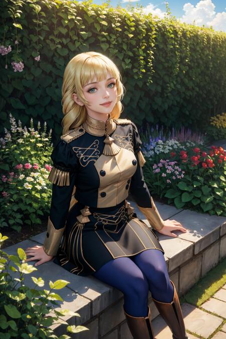 masterpiece, best quality,  <lora:ingrid-nvwls-v2-000009:0.9> defingrid, bangs, braided ponytail, black jacket, black skirt, blue pantyhose, black boots, sitting, garden, looking up, smile, sky, clouds