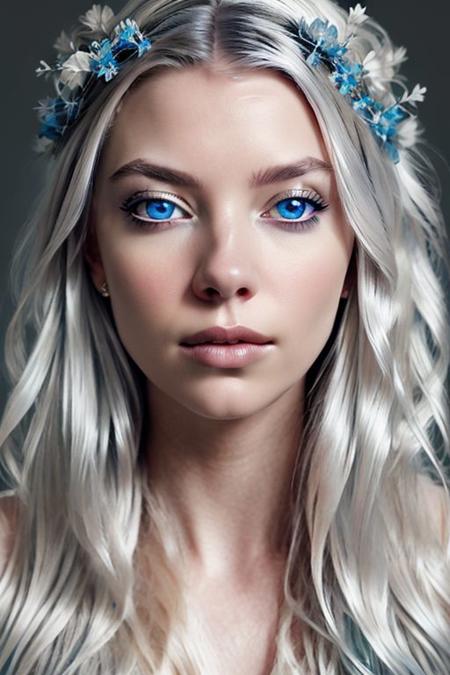 hyper-realistic portrait of a mysterious woman with flowing silver hair, piercing blue eyes, and a delicate floral crown,