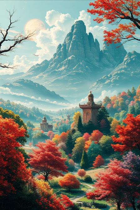 The gorgeous oil painting designed by AI show a palace-level design sense and are pleasing to the eye. The design color is mainly green red purple like spring landscape with early morning sunlight. Midjourney_Whisper