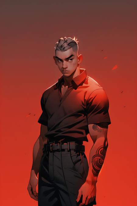 (red theme, red gradient,:1.2) redshift,red, solo, looking at viewer, short hair, shirt, black hair, 1boy, closed mouth, grey hair, male focus, belt, pants, black eyes, tattoo, black pants, red shirt, serious, undercut <lora:redshift-10:1>  <lora:add_detail:0.6>