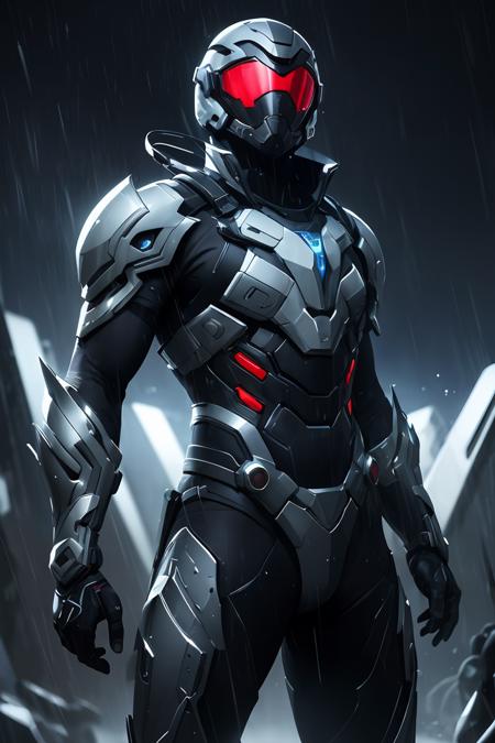 (masterpiece), pinterest, futuristic soldier, 1 man, helmet, futuristic armor, dramatic, raining, night, black armor, black clothes, solid helmet, futuristic weapon, futuristic equipment, detailed gadgets, sci-fi, futuristic background, (dynamic pose),  medium shot, looking away, (style of Benedick Bana, messy, streaks, style of Tsutomu Nihei:1.0)