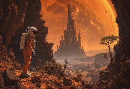 A lone astronaut stands tall at the edge of a dense alien world, framed by rugged landscape as sun sets behind him, casting warm orange glow on rustic terrain. His peaceful demeanor contrasts with the vastness of diverse trees and rocks stretching out in every direction. He gazes out at breathtaking scenery, rock cliff at his side,
masterpiece,absurdres,photorealistic,best quality